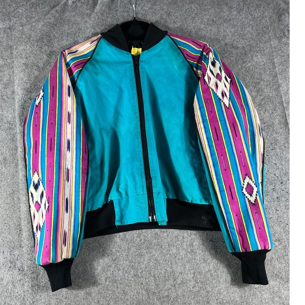 Vintage 80s Southwestern Aztec Bomber Jacket Mens Small Teal Full Zip Indie Boho